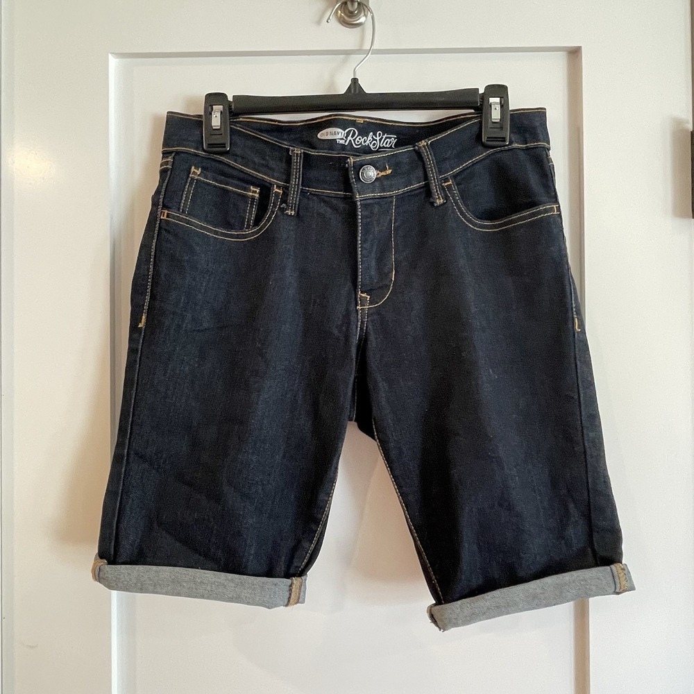Old Navy Rock Star Womens Jean Denim Bermuda Shorts Dark Wash Stretch Cotton 12